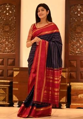 Navy Blue Zari Work Silk Saree Set