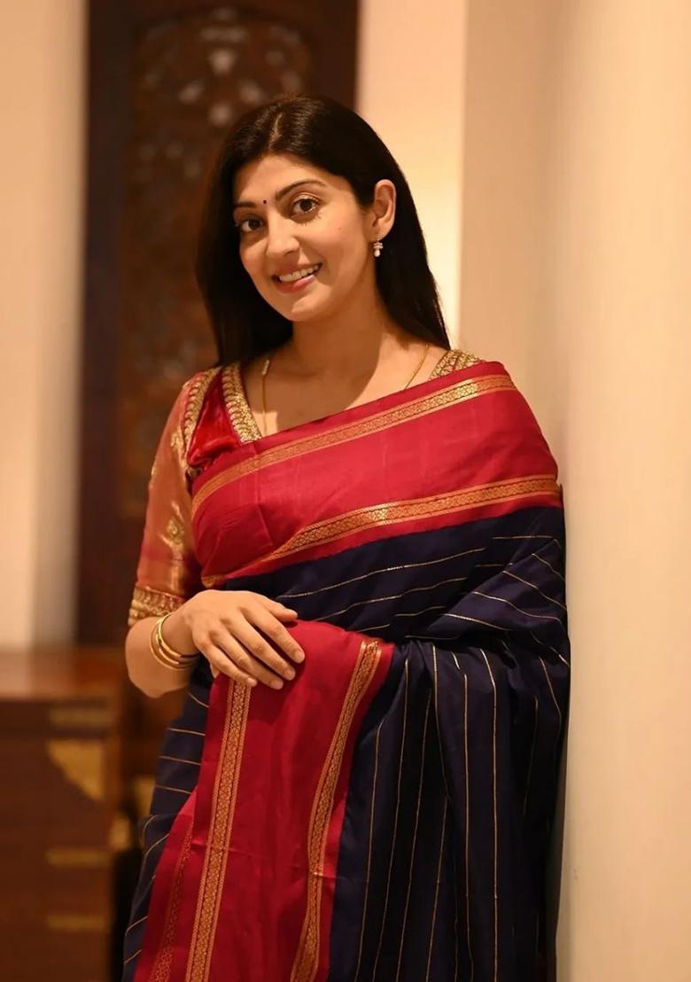 Navy Blue Zari Work Silk Saree Set - Indya