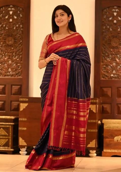 Navy Blue Zari Work Silk Saree Set