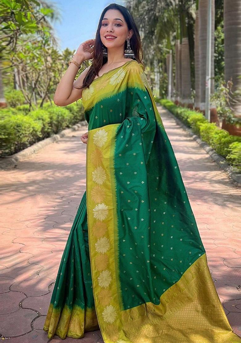 Green Zari Work Silk Saree Set - Indya