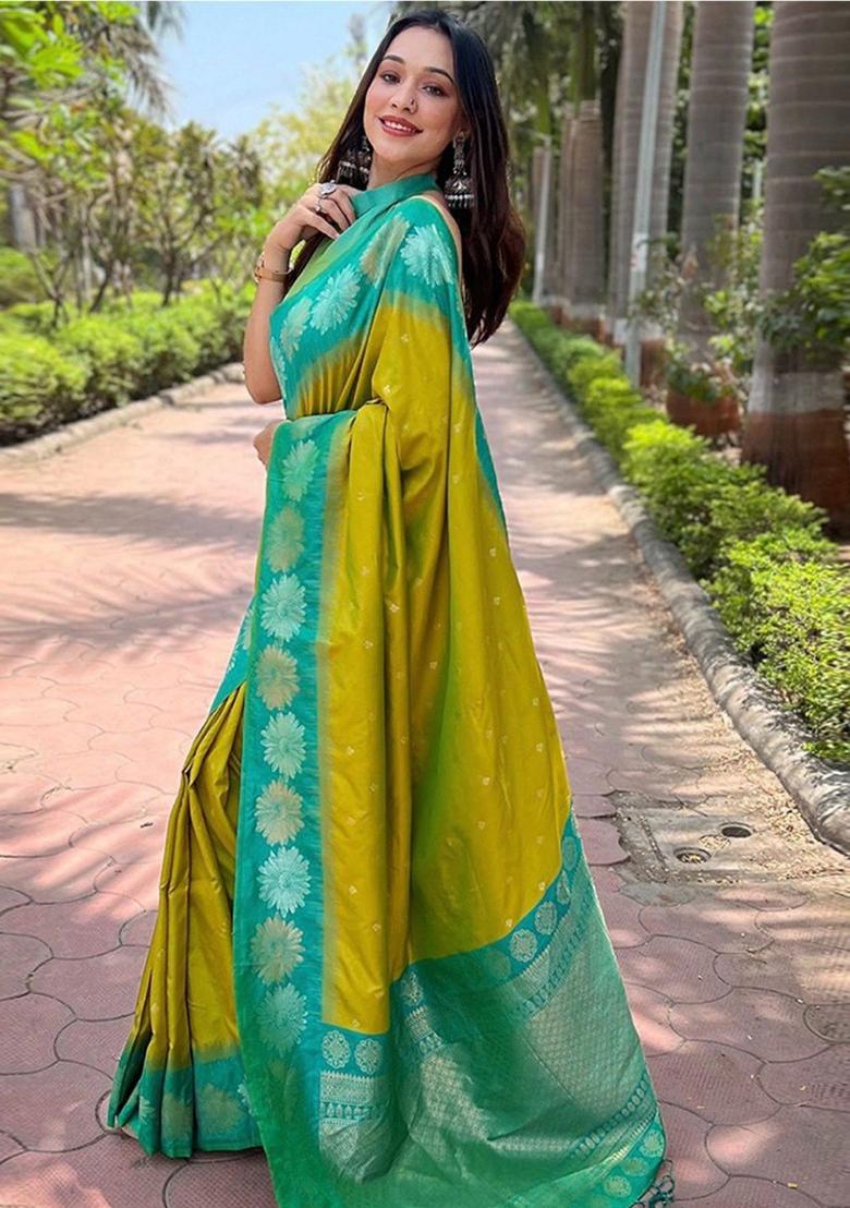 Mehendi Green Zari Work Silk Saree Set - Indya