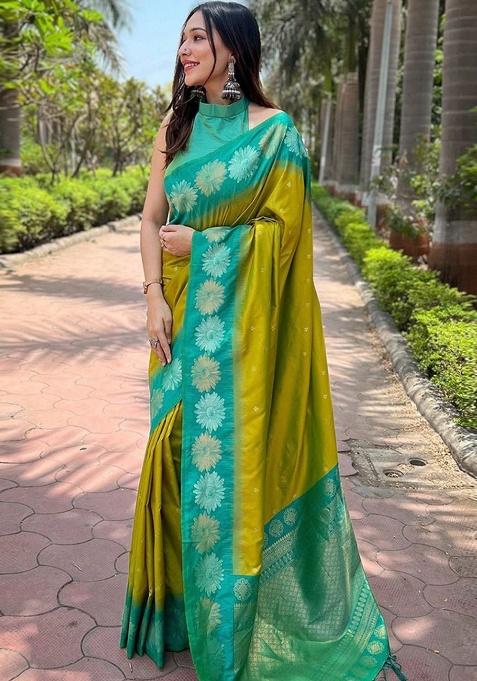 Mehendi Green Zari Work Silk Saree Set