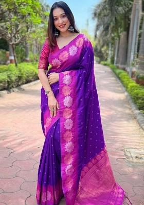 Purple Zari Work Silk Saree Set
