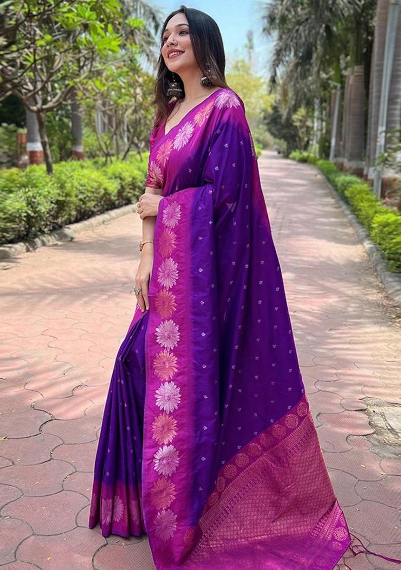 Purple Zari Work Silk Saree Set - Indya