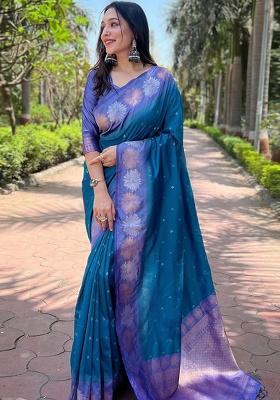 Teal Zari Work Silk Saree Set