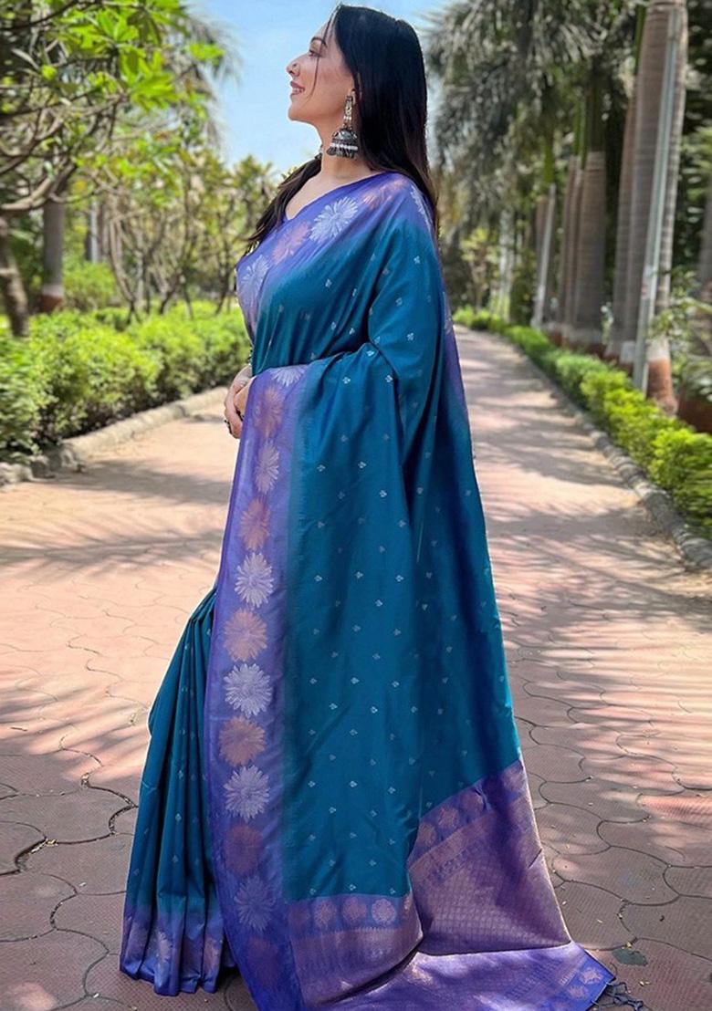 Teal Zari Work Silk Saree Set - Indya
