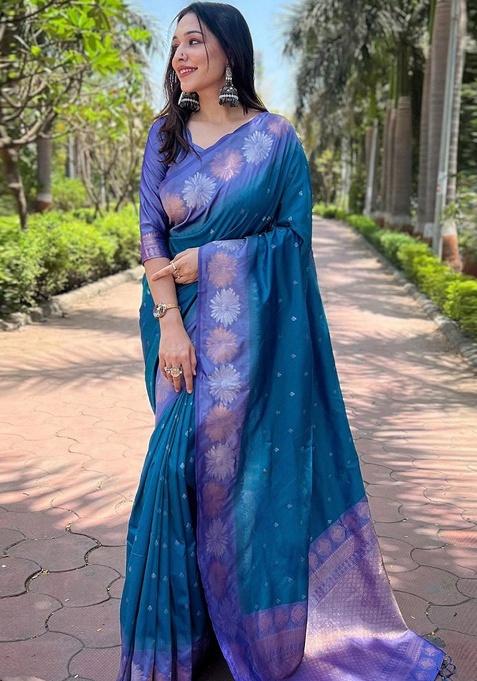Teal Zari Work Silk Saree Set