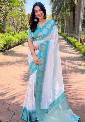 White Zari Work Silk Saree Set