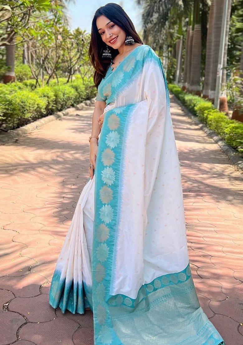 White Zari Work Silk Saree Set - Indya