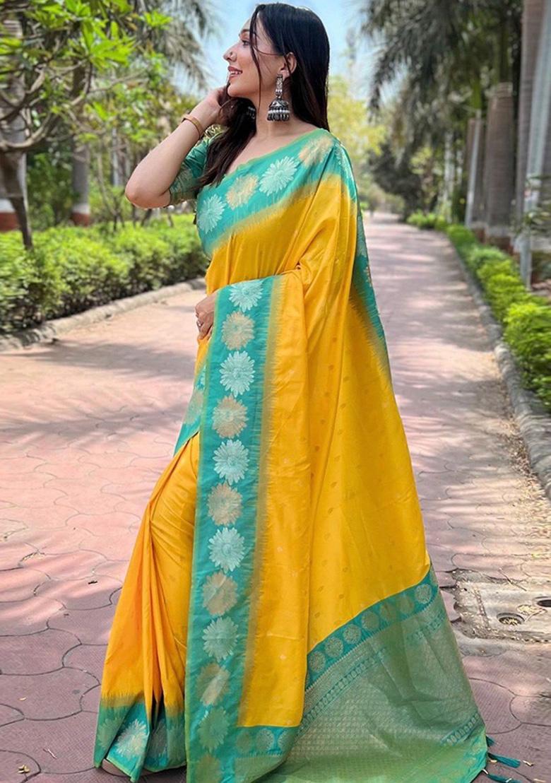 Yellow Zari Work Silk Saree Set - Indya