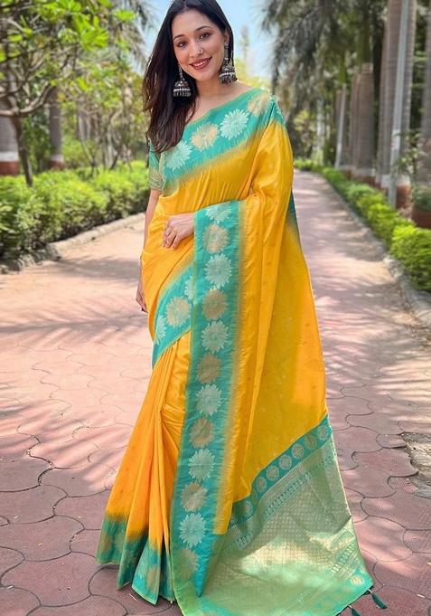Yellow Zari Work Silk Saree Set