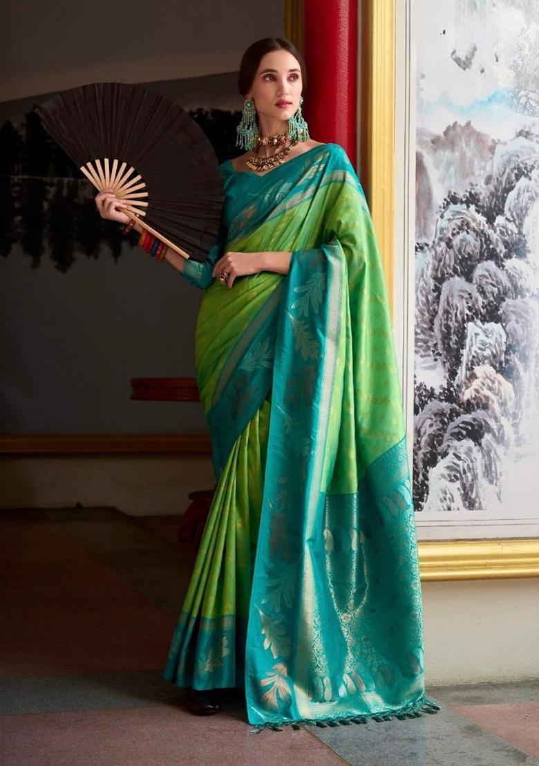 Turquoise Jacquard Work Silk Saree Set - Indya