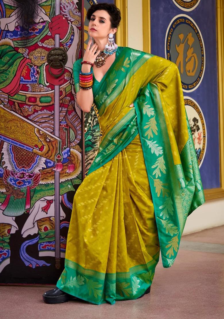 Yellow Jacquard Work Silk Saree Set - Indya