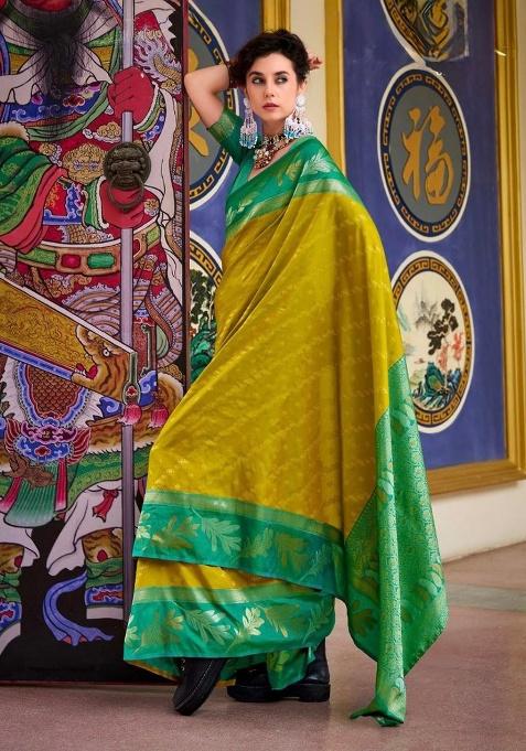 Yellow Jacquard Work Silk Saree Set