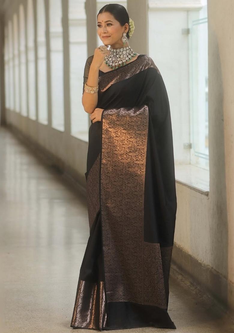 Black Jacquard Work Silk Saree Set - Indya