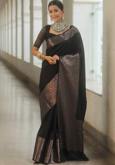 Black Jacquard Work Silk Saree Set