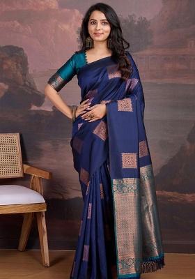 Navy Blue Jacquard Work Silk Saree Set