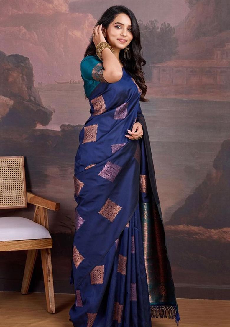 Navy Blue Jacquard Work Silk Saree Set - Indya