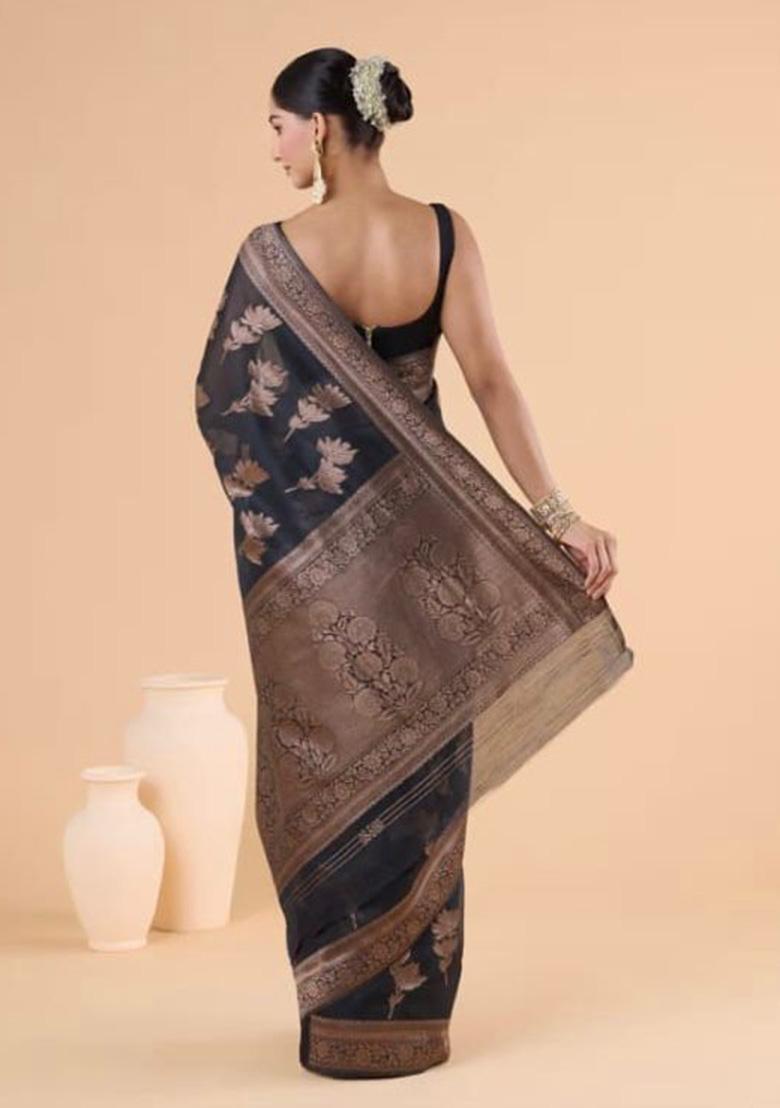Black Jacquard Work Silk Saree Set - Indya