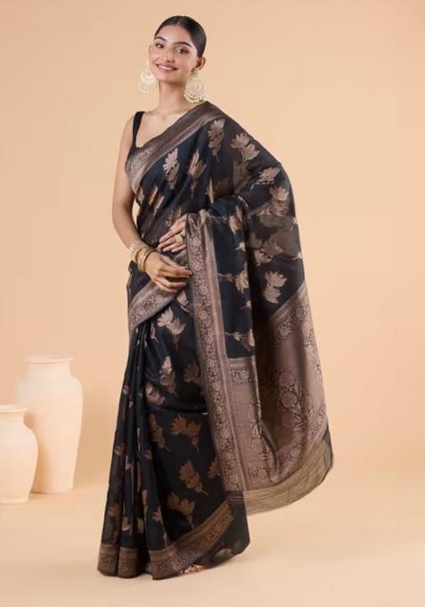 Black Jacquard Work Silk Saree Set