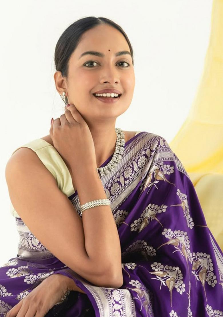 Purple Jacquard Work Silk Saree Set - Indya