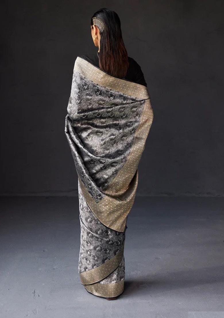 Grey Jacquard Work Silk Saree Set - Indya