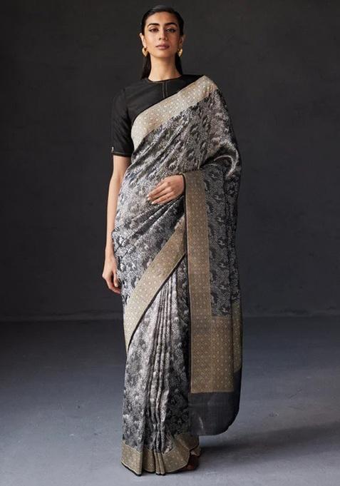 Grey Jacquard Work Silk Saree Set