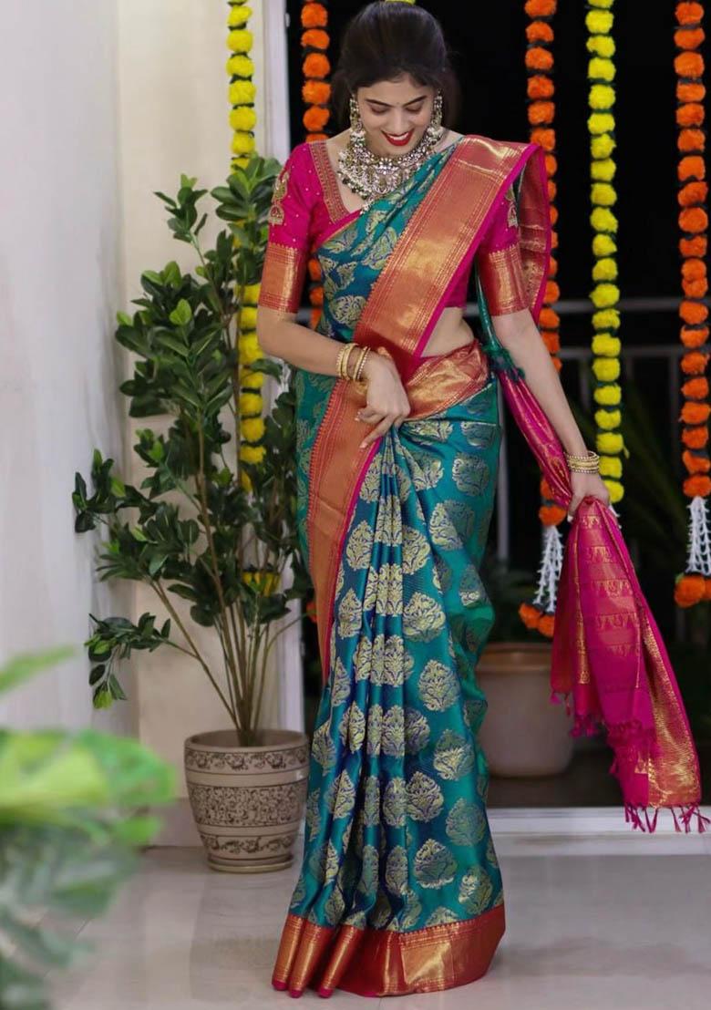 Blue Jacquard Work Silk Saree Set - Indya