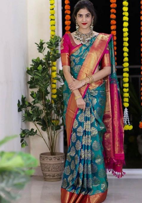 Blue Jacquard Work Silk Saree Set