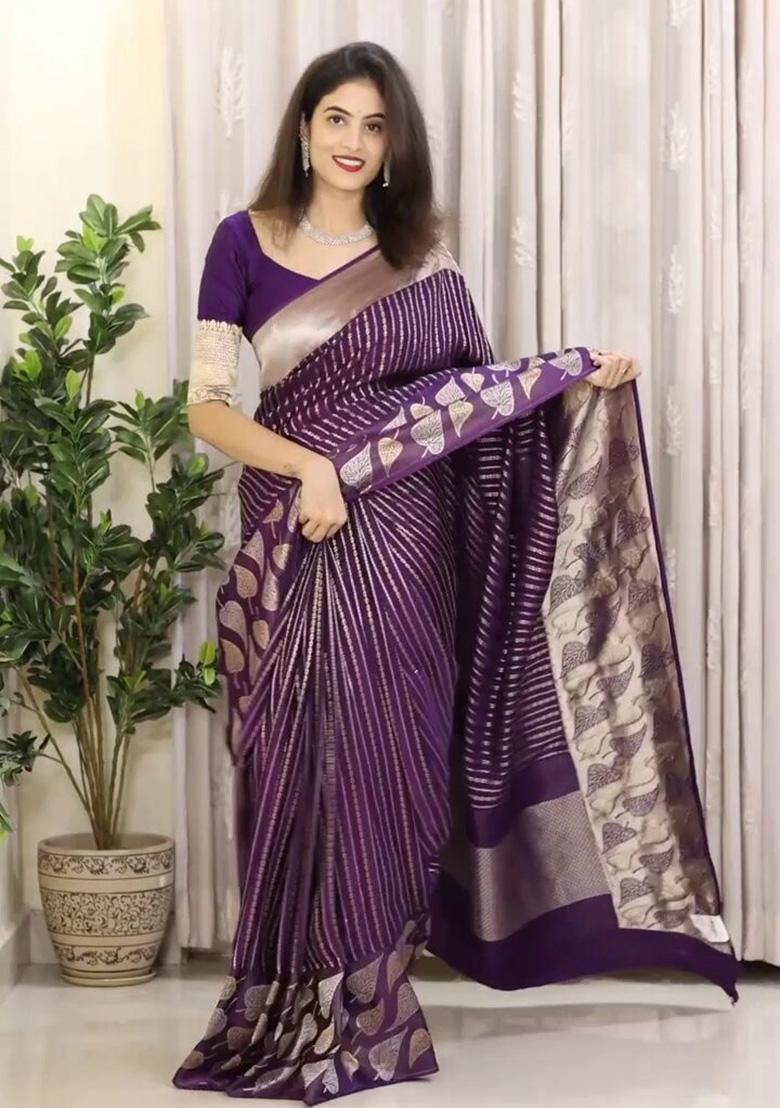 Purple Jacquard Work Silk Saree Set - Indya