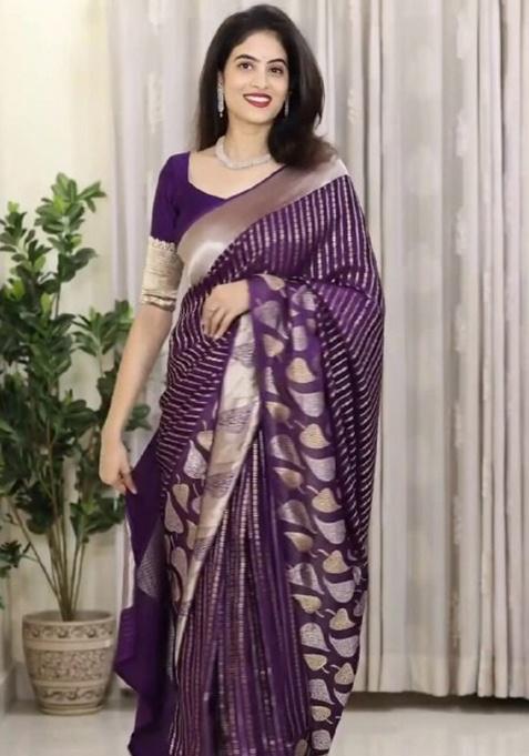 Purple Jacquard Work Silk Saree Set