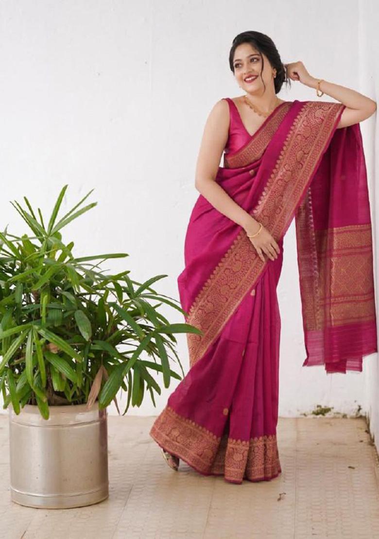 Pink Jacquard Work Silk Saree Set - Indya