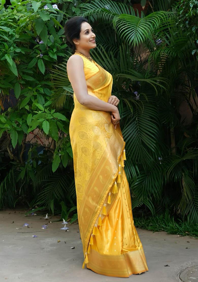 Yellow Jacquard Work Silk Saree Set - Indya