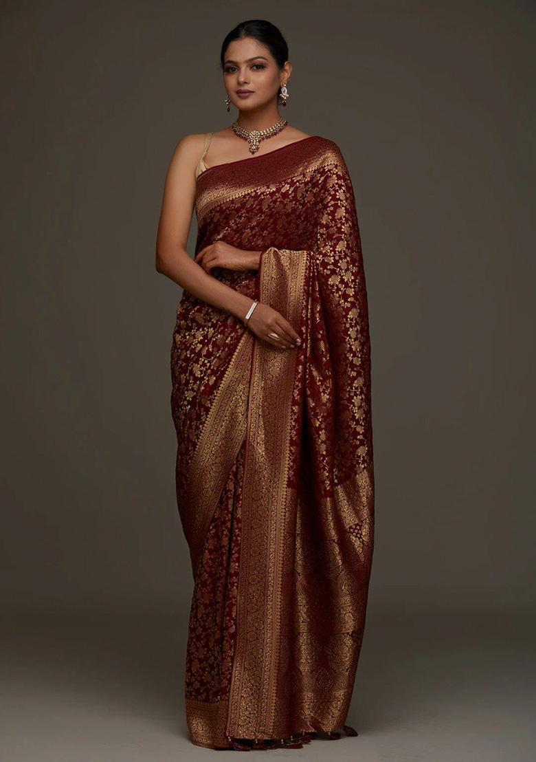 Maroon Jacquard Work Silk Saree Set - Indya