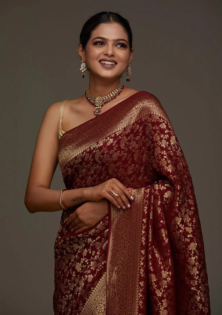 Maroon Jacquard Work Silk Saree Set - Indya