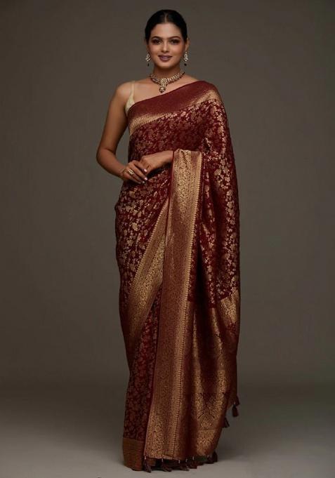 Maroon Jacquard Work Silk Saree Set