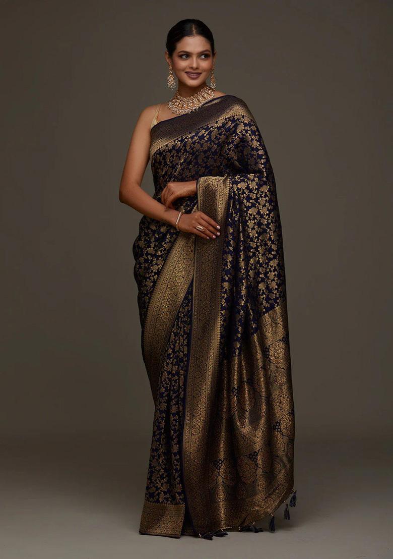 Navy Blue Jacquard Work Silk Saree Set - Indya