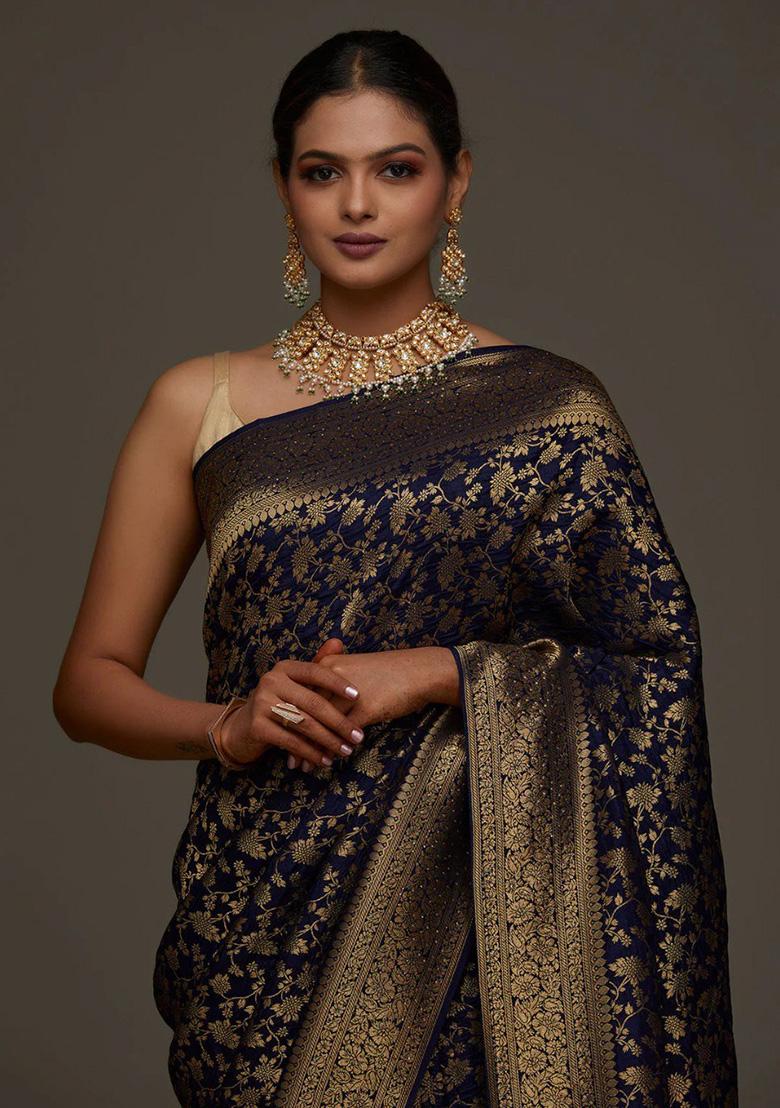 Navy Blue Jacquard Work Silk Saree Set - Indya