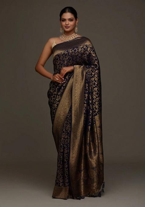 Navy Blue Jacquard Work Silk Saree Set