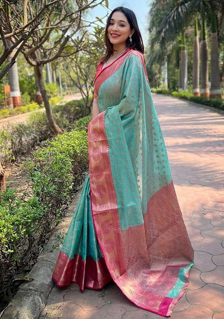 Blue Jacquard Work Silk Saree Set - Indya