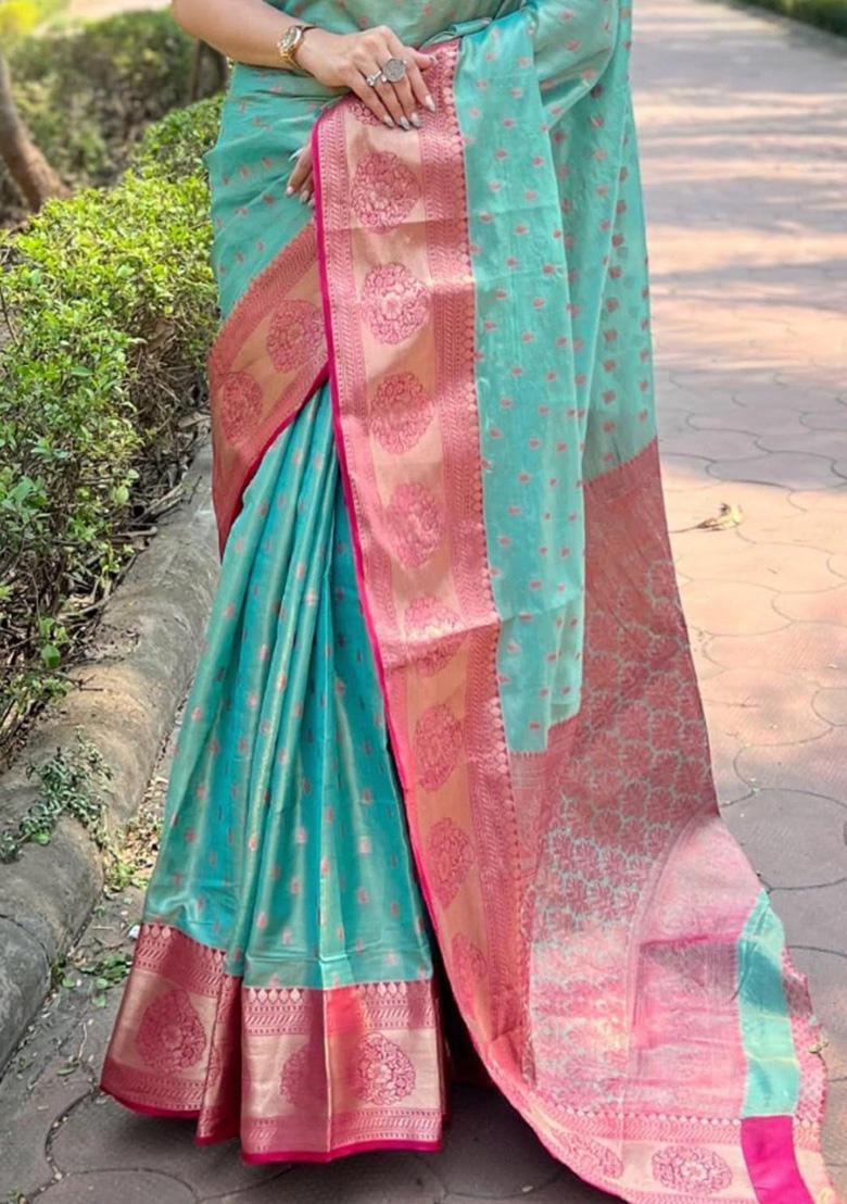 Blue Jacquard Work Silk Saree Set - Indya