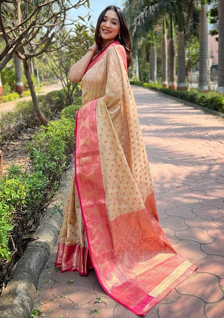Cream Jacquard Work Silk Saree Set - Indya