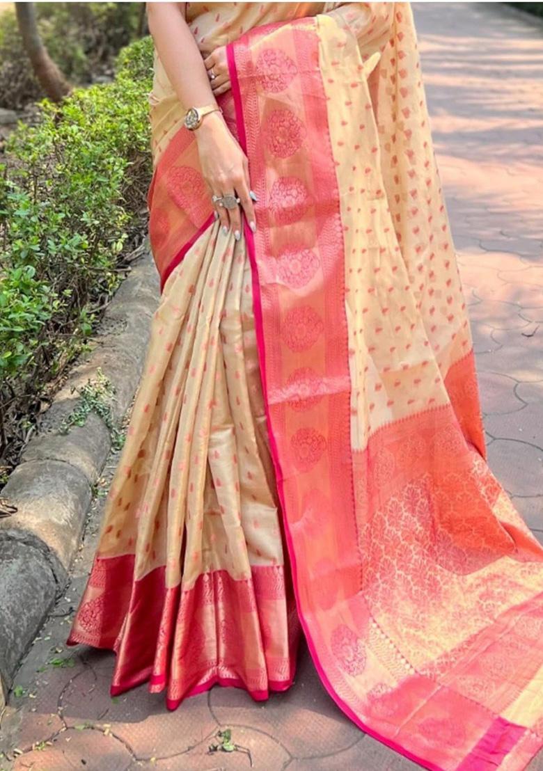 Cream Jacquard Work Silk Saree Set - Indya