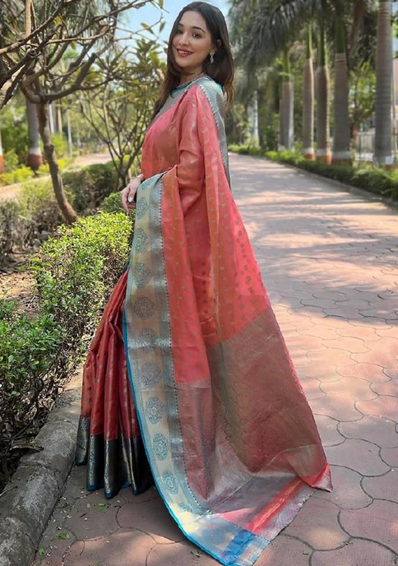 Peach And Pink Jacquard Work Silk Saree Set - Indya