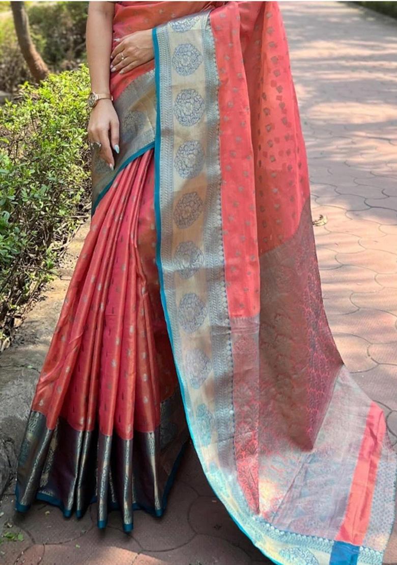 Peach And Pink Jacquard Work Silk Saree Set - Indya