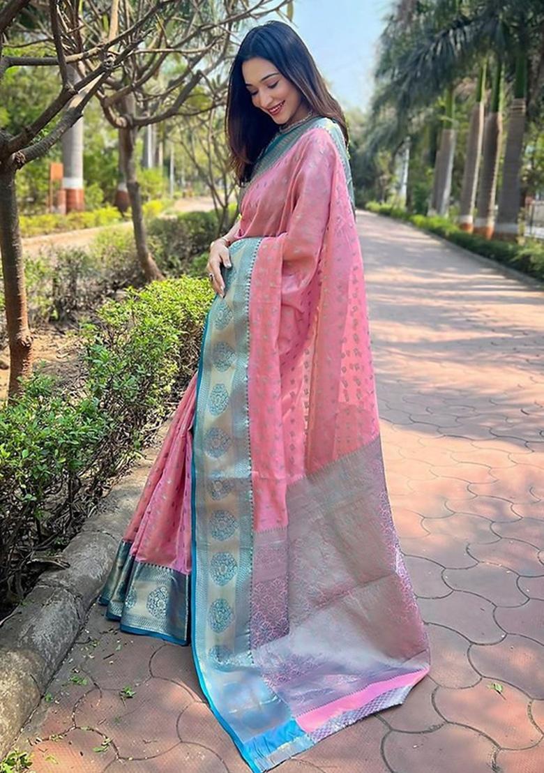 Light Pink Jacquard Work Silk Saree Set - Indya