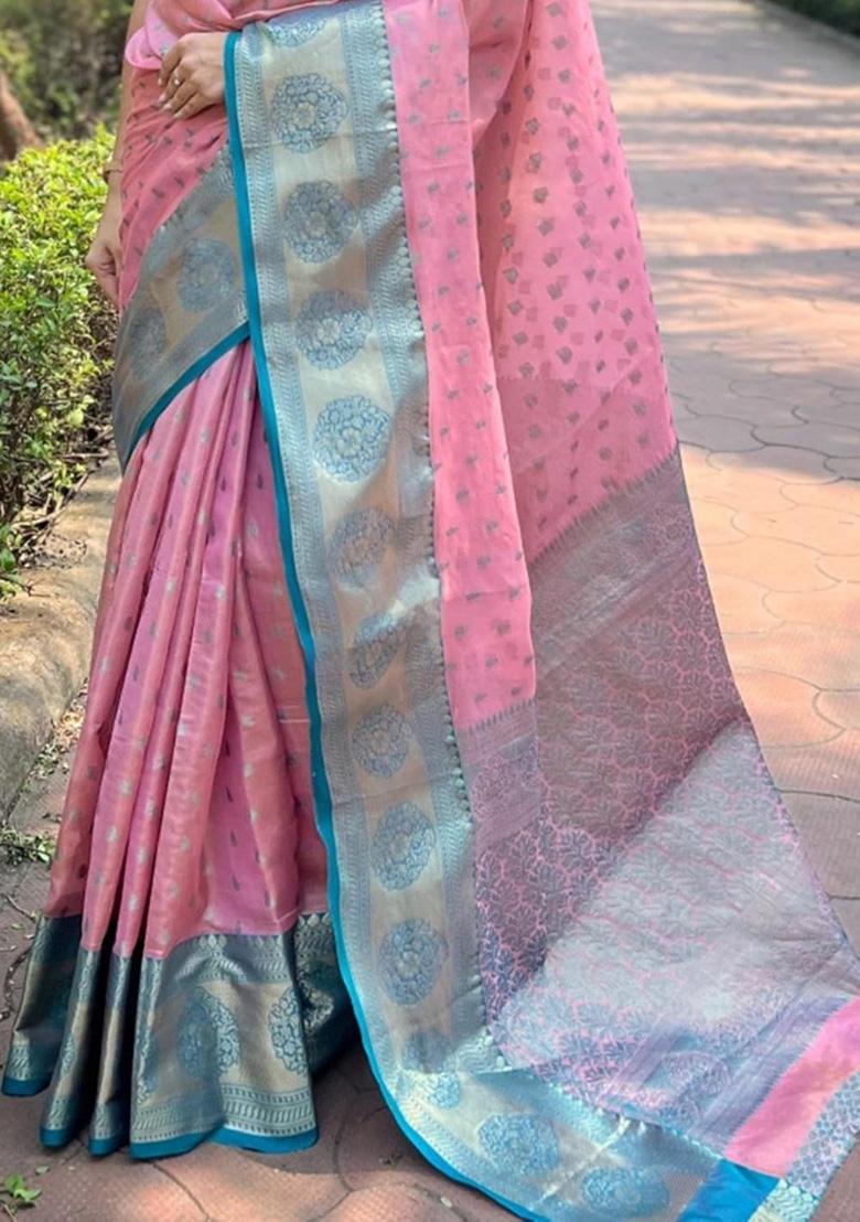 Light Pink Jacquard Work Silk Saree Set - Indya
