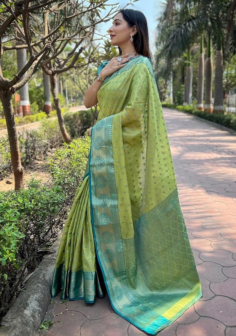 Pista Jacquard Work Silk Saree Set - Indya