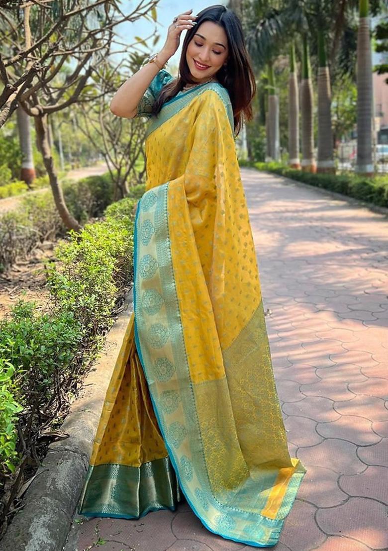 Yellow Jacquard Work Silk Saree Set - Indya