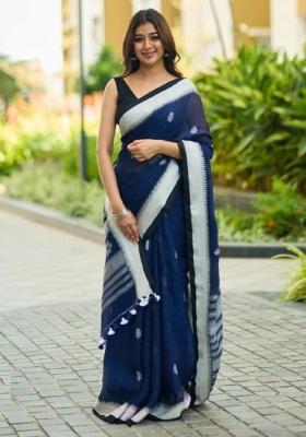 Navy Blue Jacquard Work Silk Saree Set